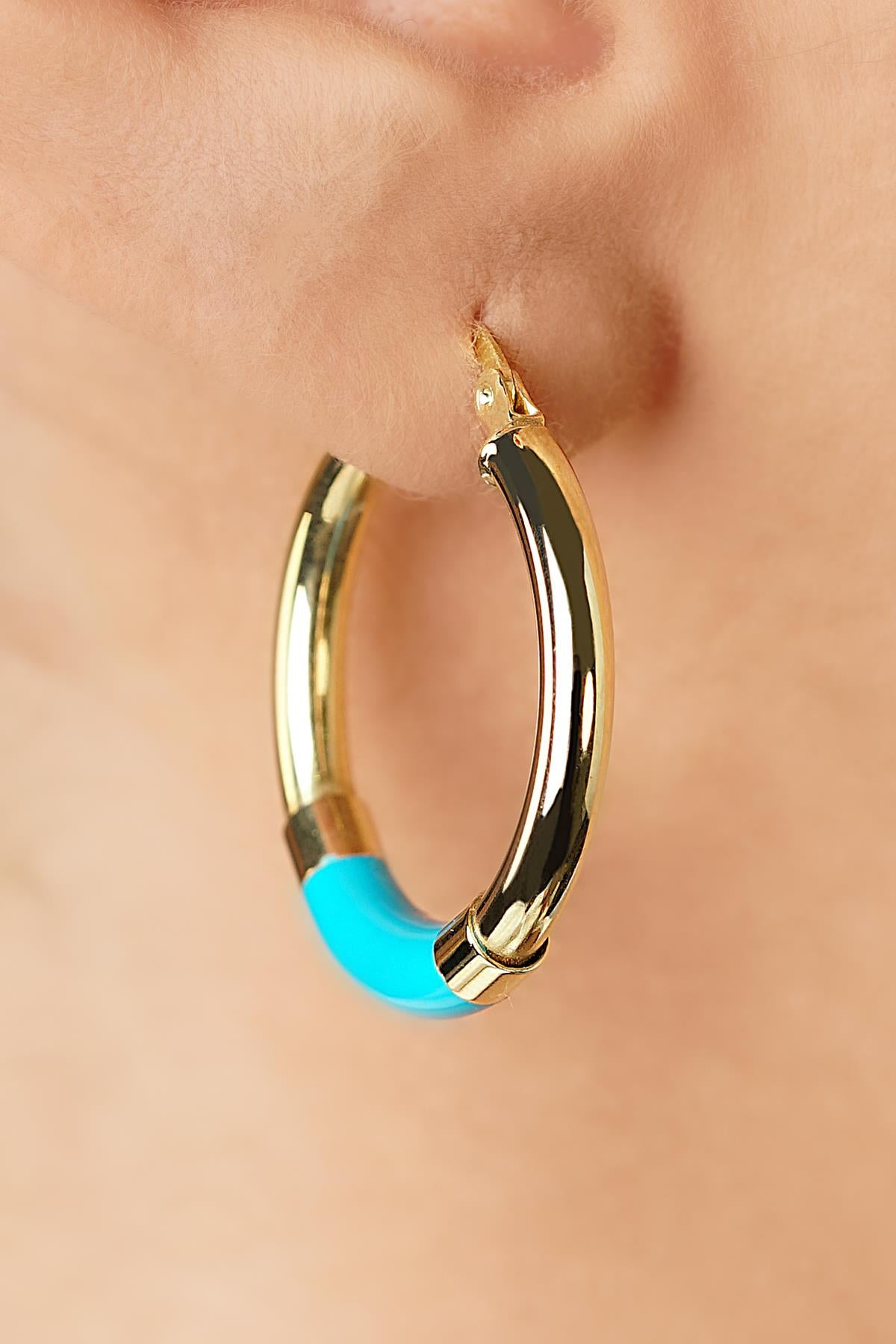 14K Gold Blue Enamel Hoop Earrings