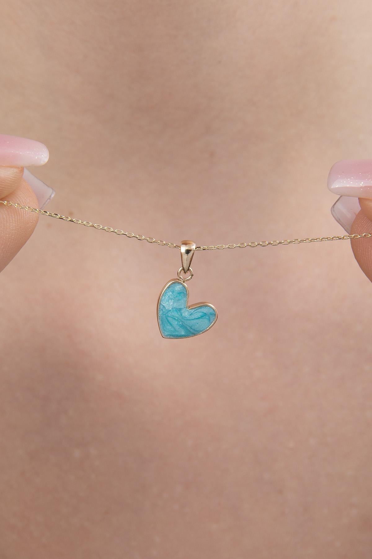 14K Gold Blue Enamel Small Heart Shape Necklace