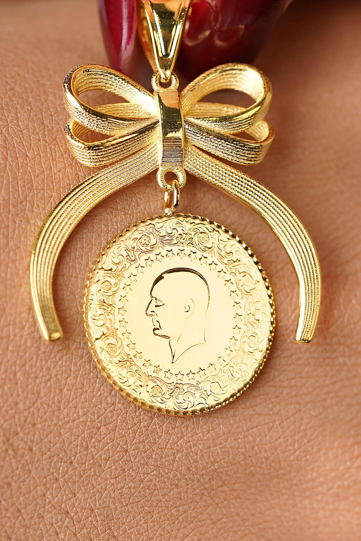 14K Solid Gold Bow Motif Coin Frame Pendant