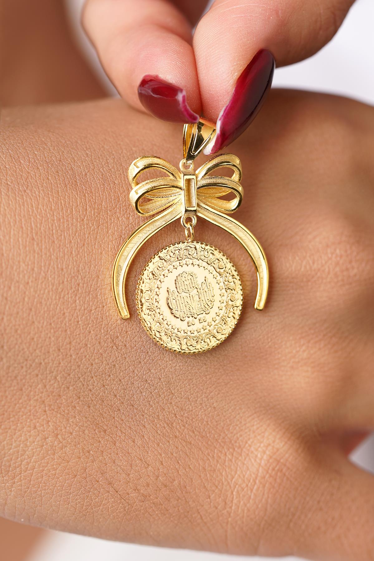 14K Solid Gold Bow Motif Coin Frame Pendant