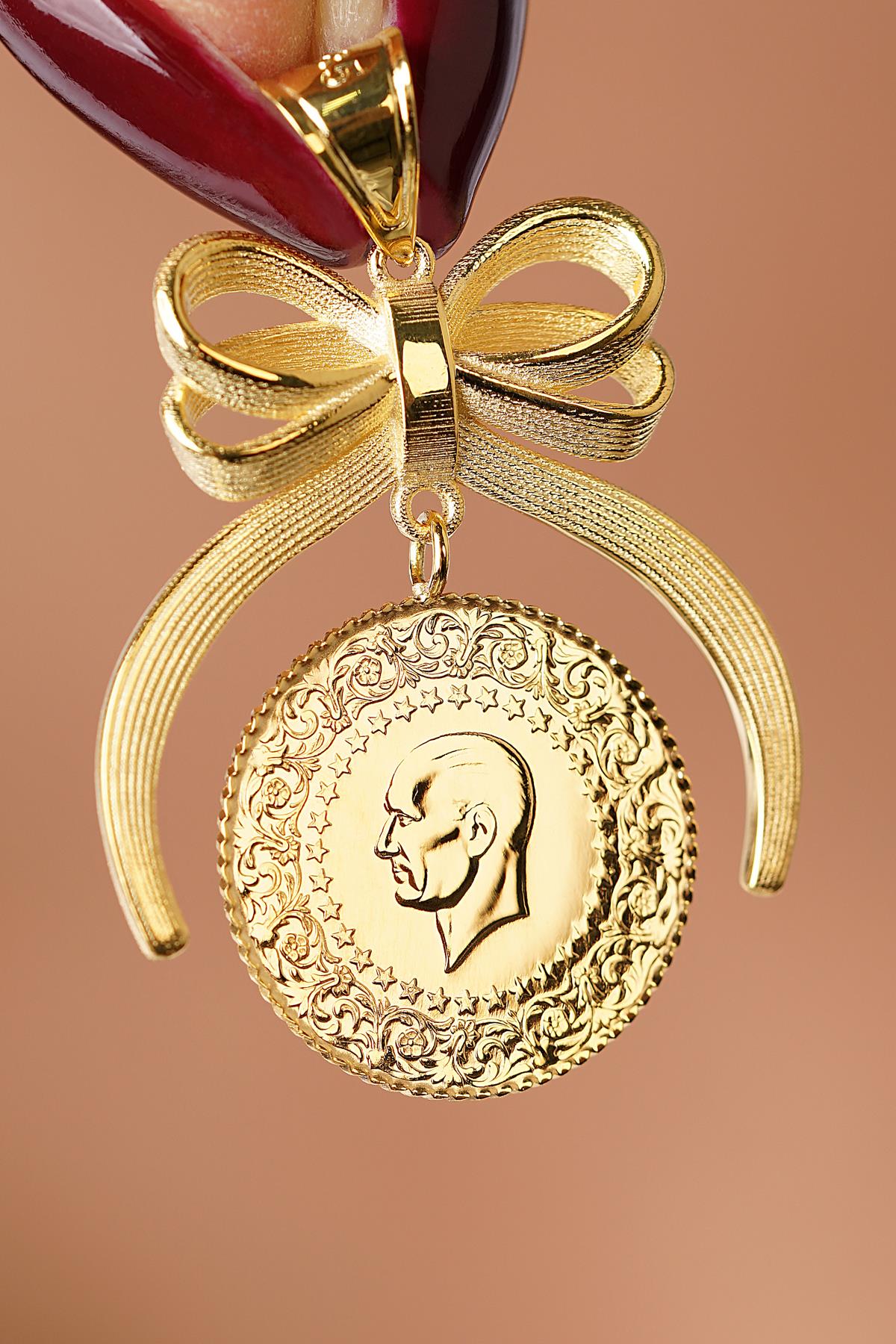 14K Gold Bow Motif Coin Frame Pendant