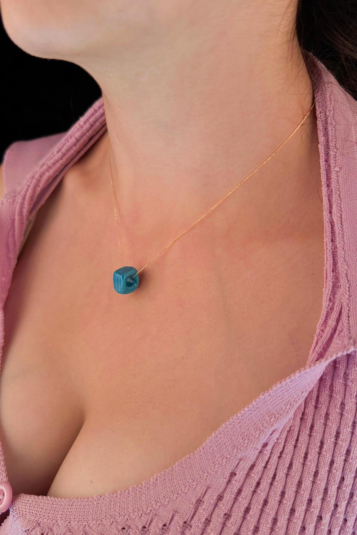 14K Gold Cable Blue Cube Necklace