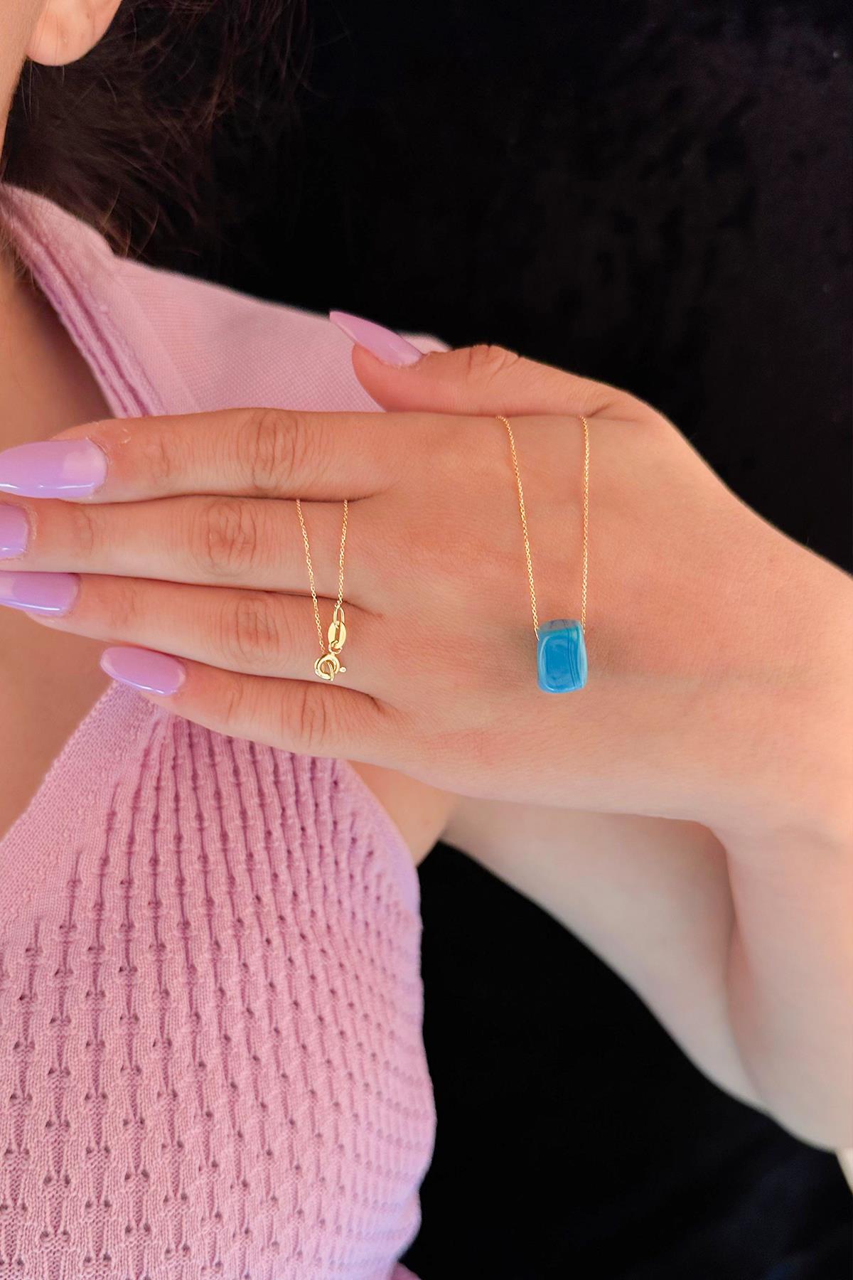 14K Gold Cable Blue Cube Necklace