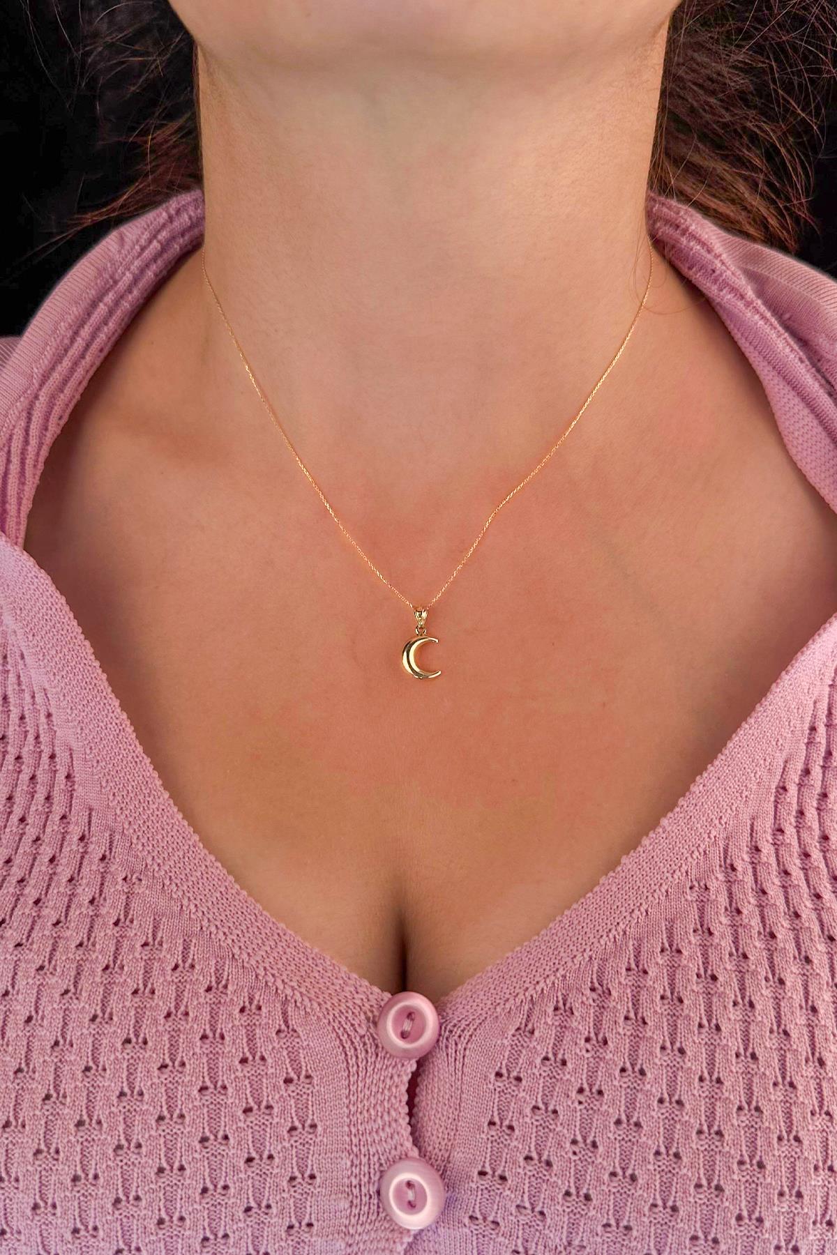 14K Gold Cable Puff Crescent Necklace
