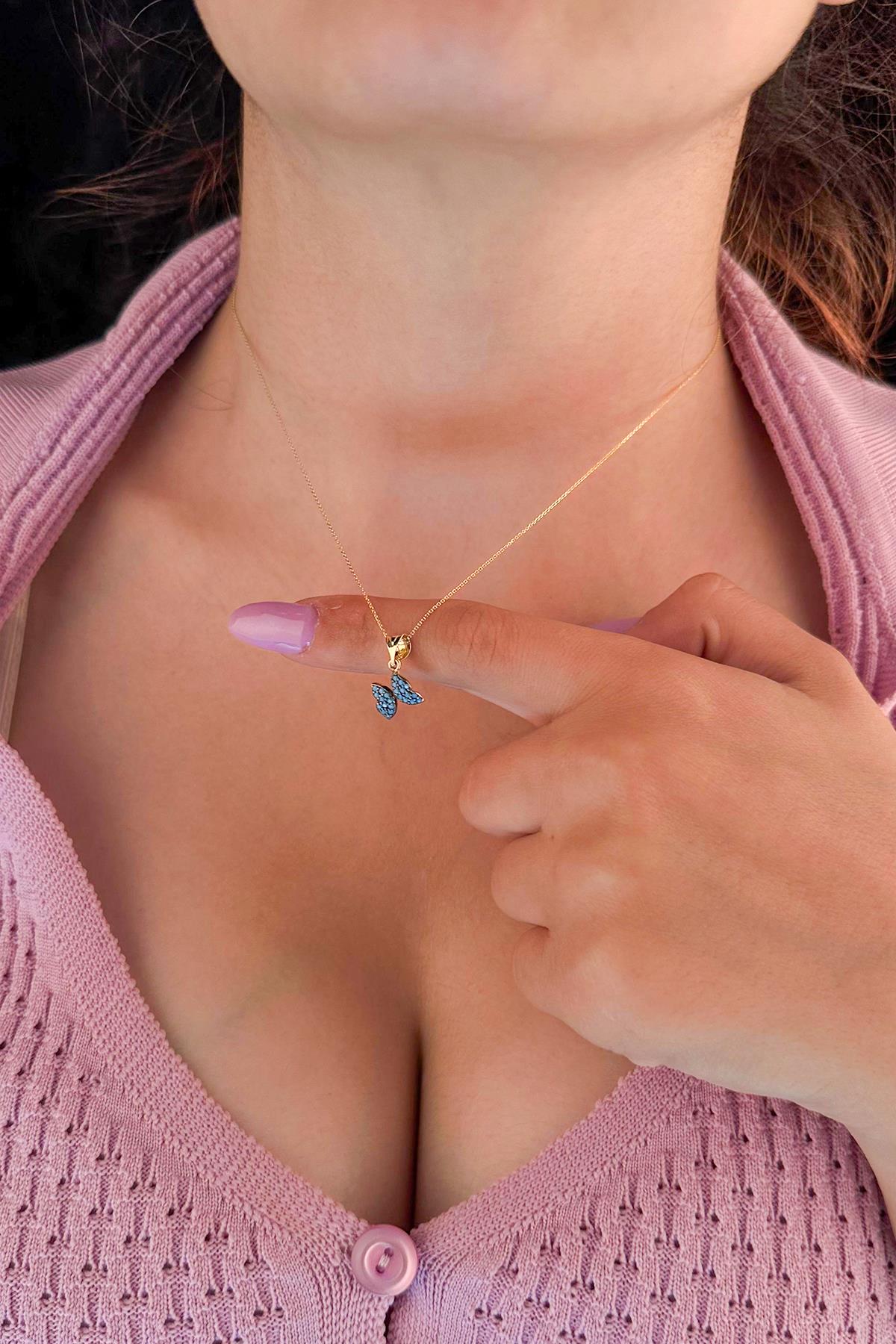 14K Gold Cable Turquoise Stone Butterfly Necklace