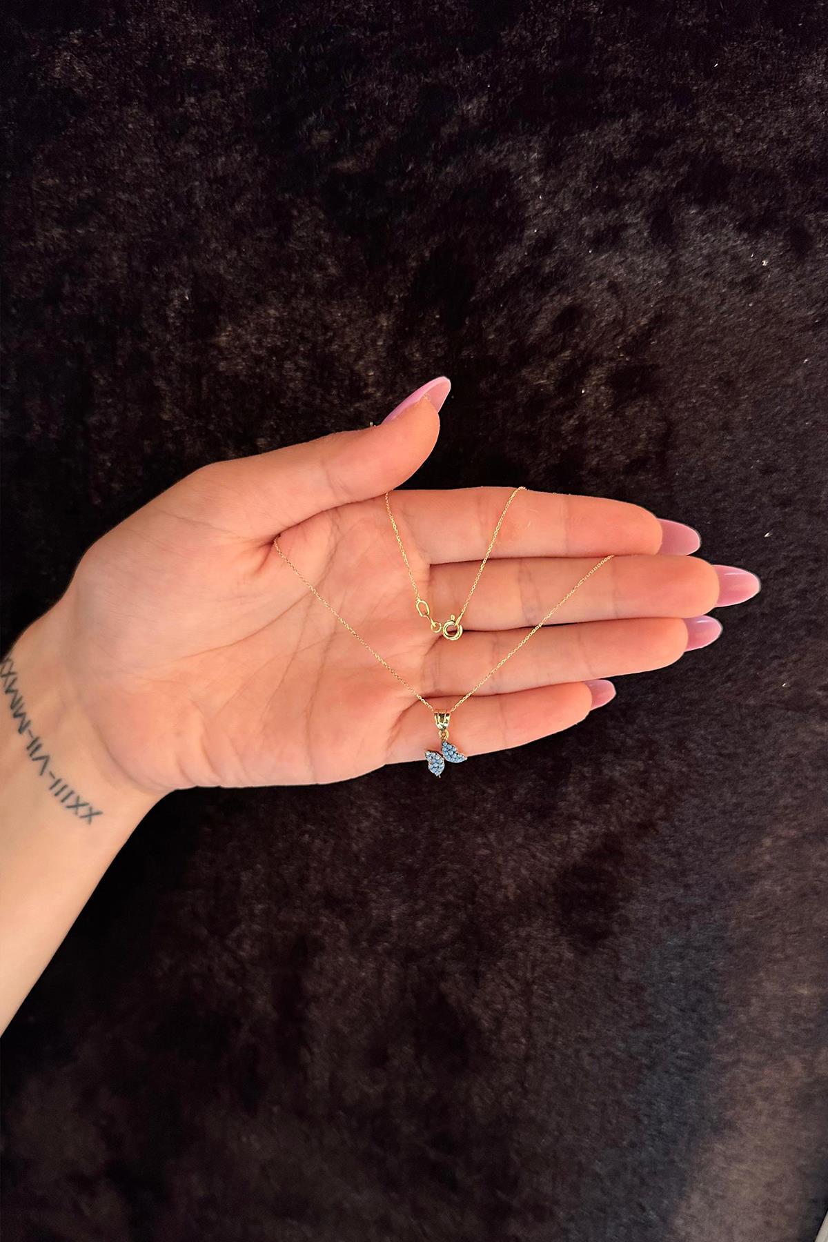 14K Gold Cable Turquoise Stone Butterfly Necklace