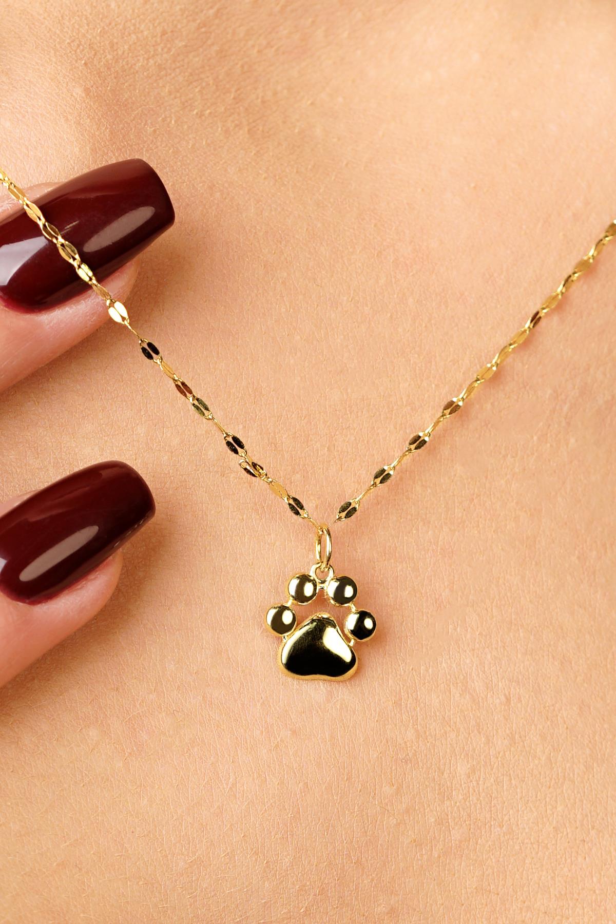 14K Solid Gold Cat Dog Paw Detailed Mirror Chain Necklace