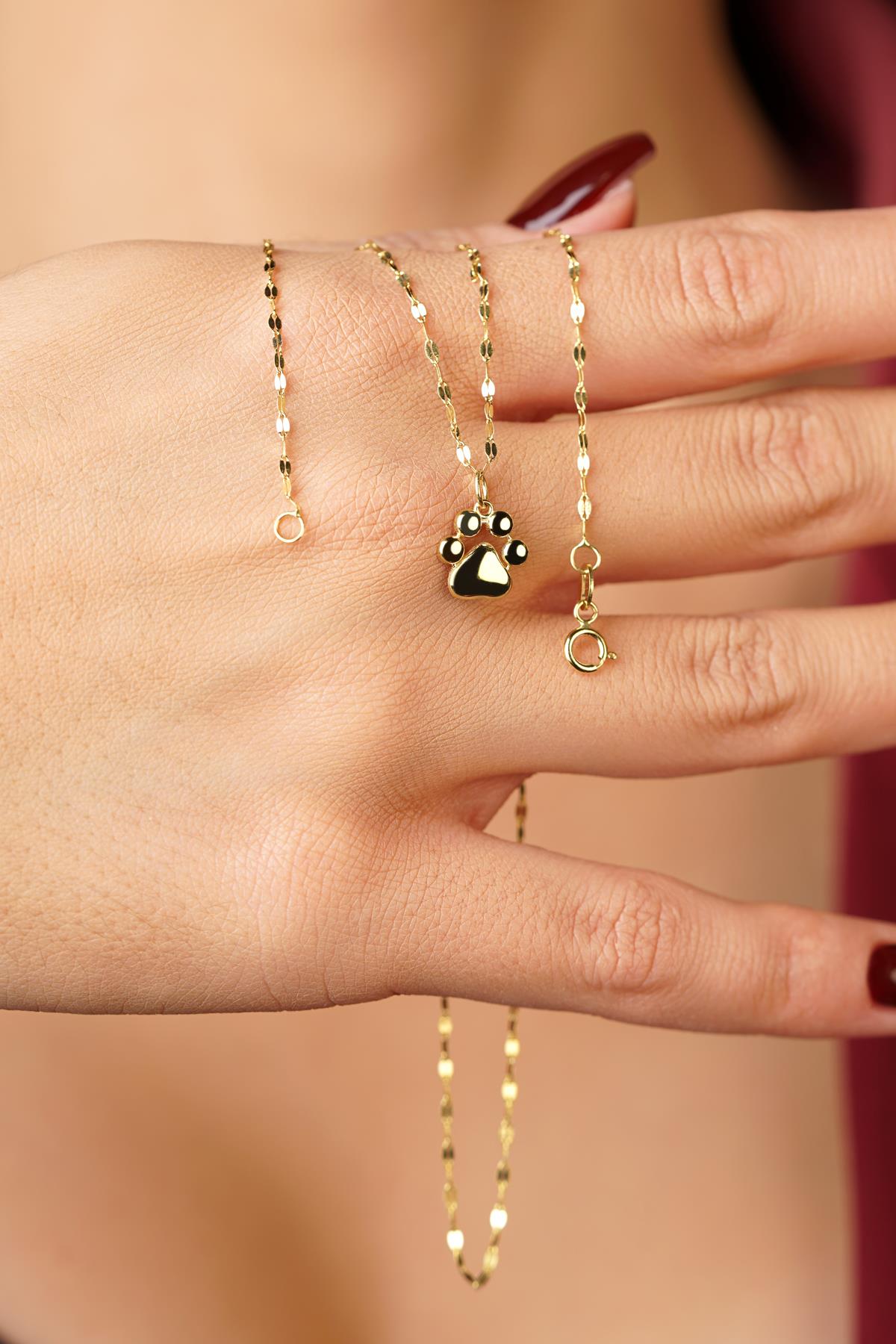 14K Solid Gold Cat Dog Paw Detailed Mirror Chain Necklace