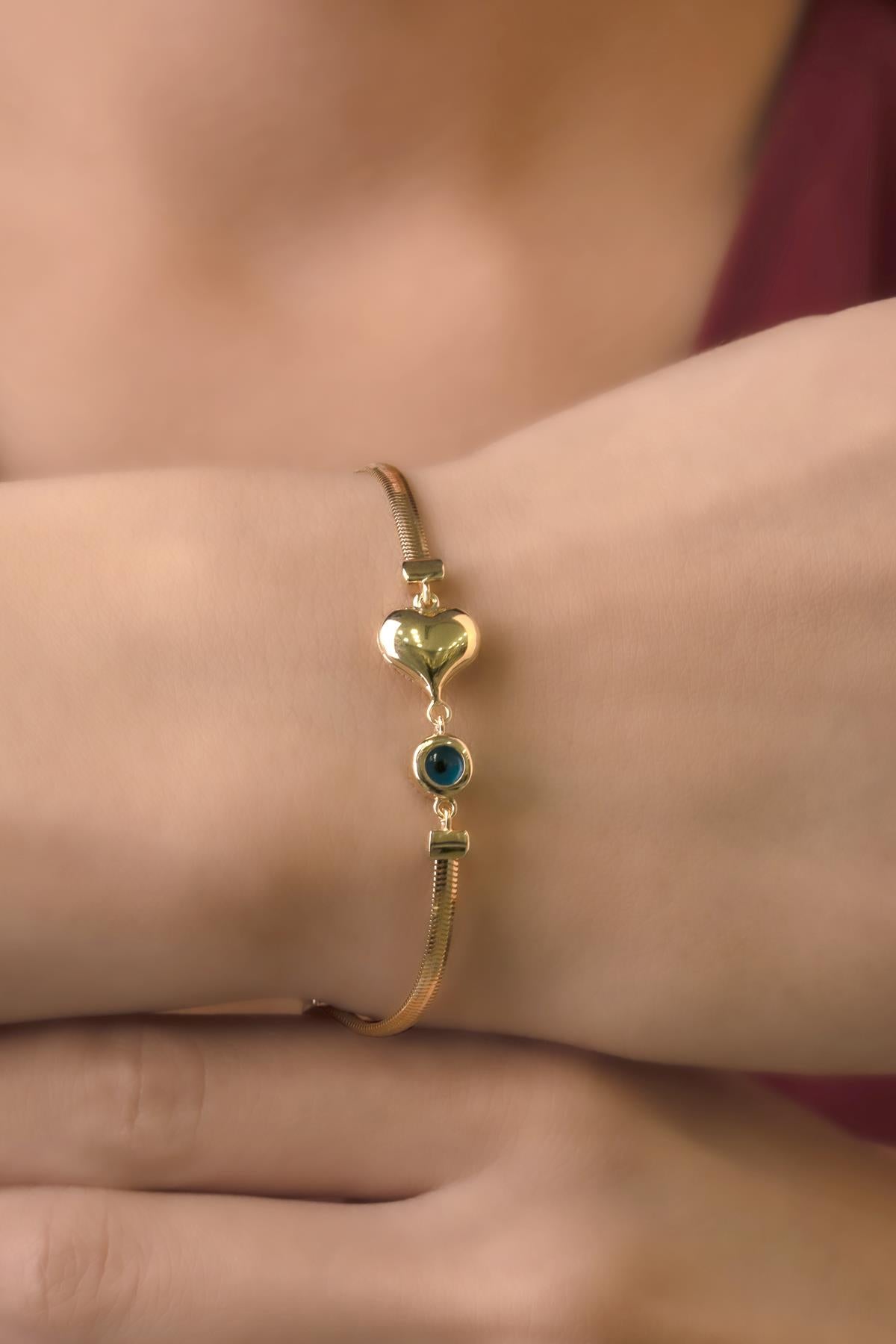 14K Gold Classic Snake Chain Bracelet With Puffy Heart Evil Eye Charm