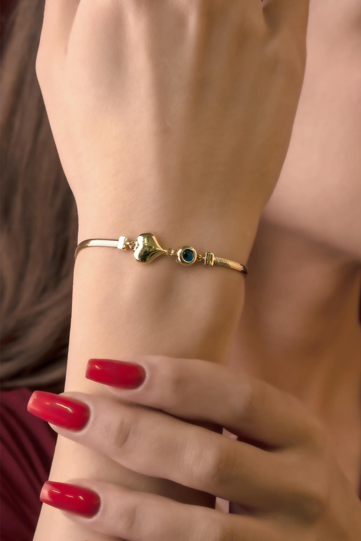 14K Gold Classic Snake Chain Bracelet With Puffy Heart Evil Eye Charm