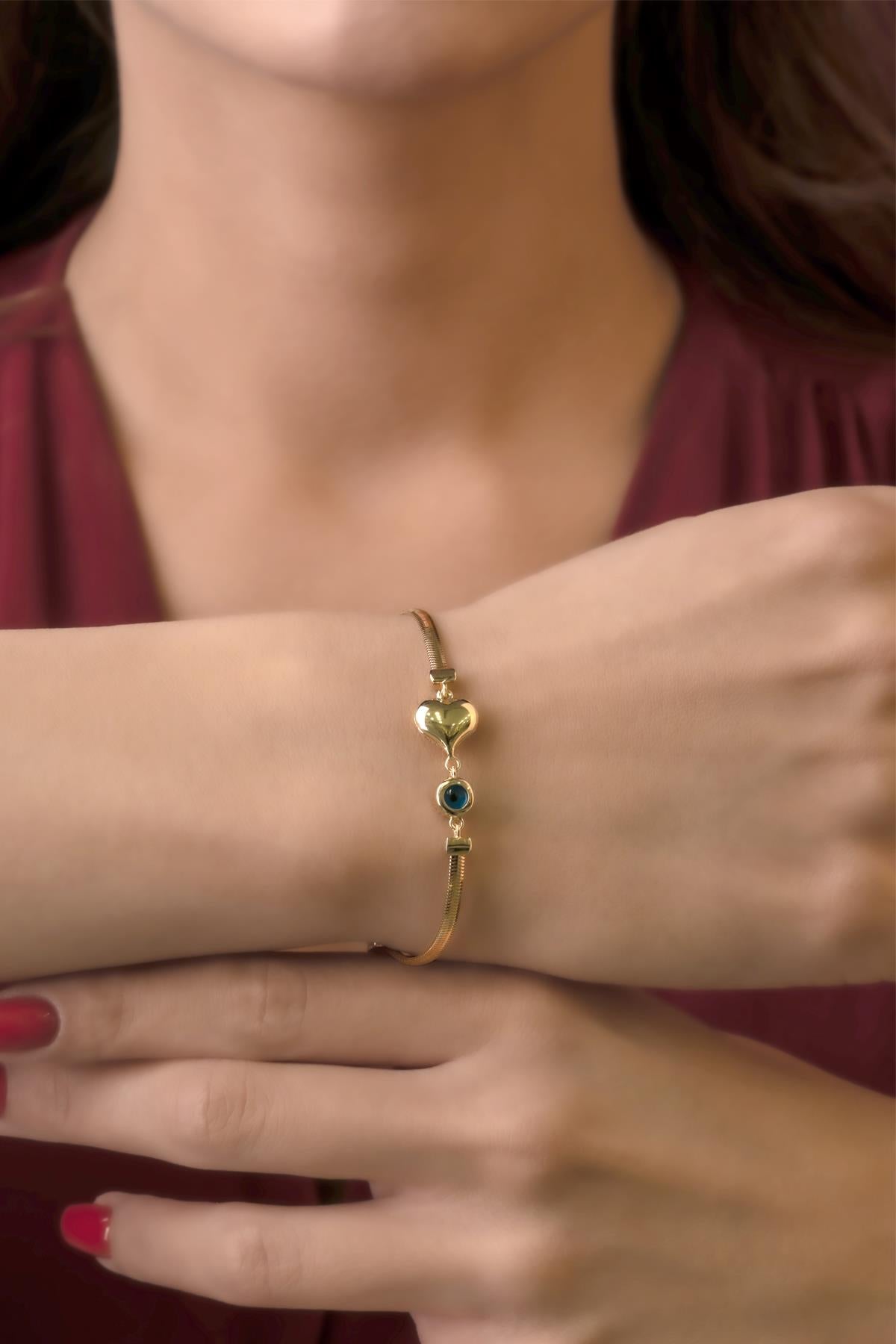 14K Gold Classic Snake Chain Bracelet With Puffy Heart Evil Eye Charm