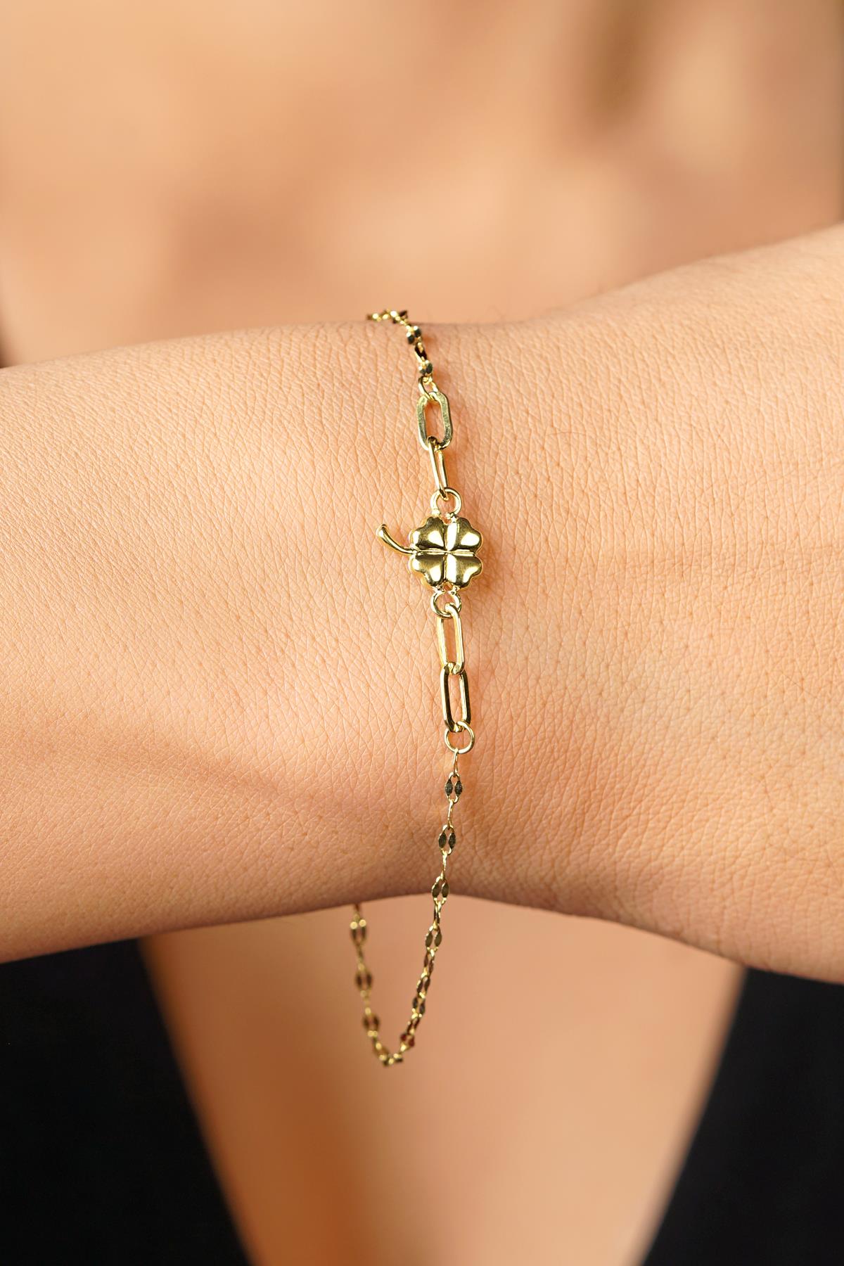 14K Gold Clover Charm Mirror Bracelet