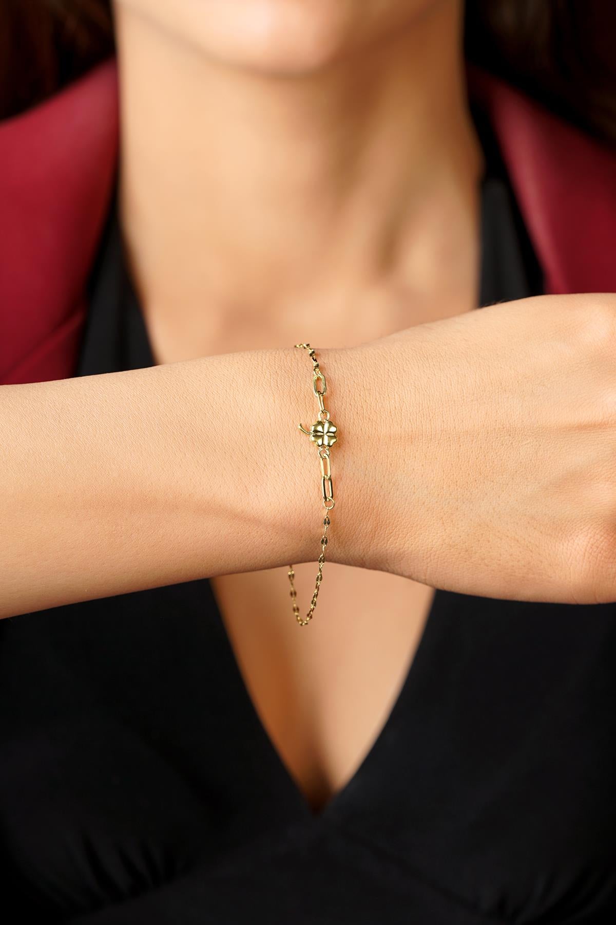 14K Gold Clover Charm Mirror Bracelet