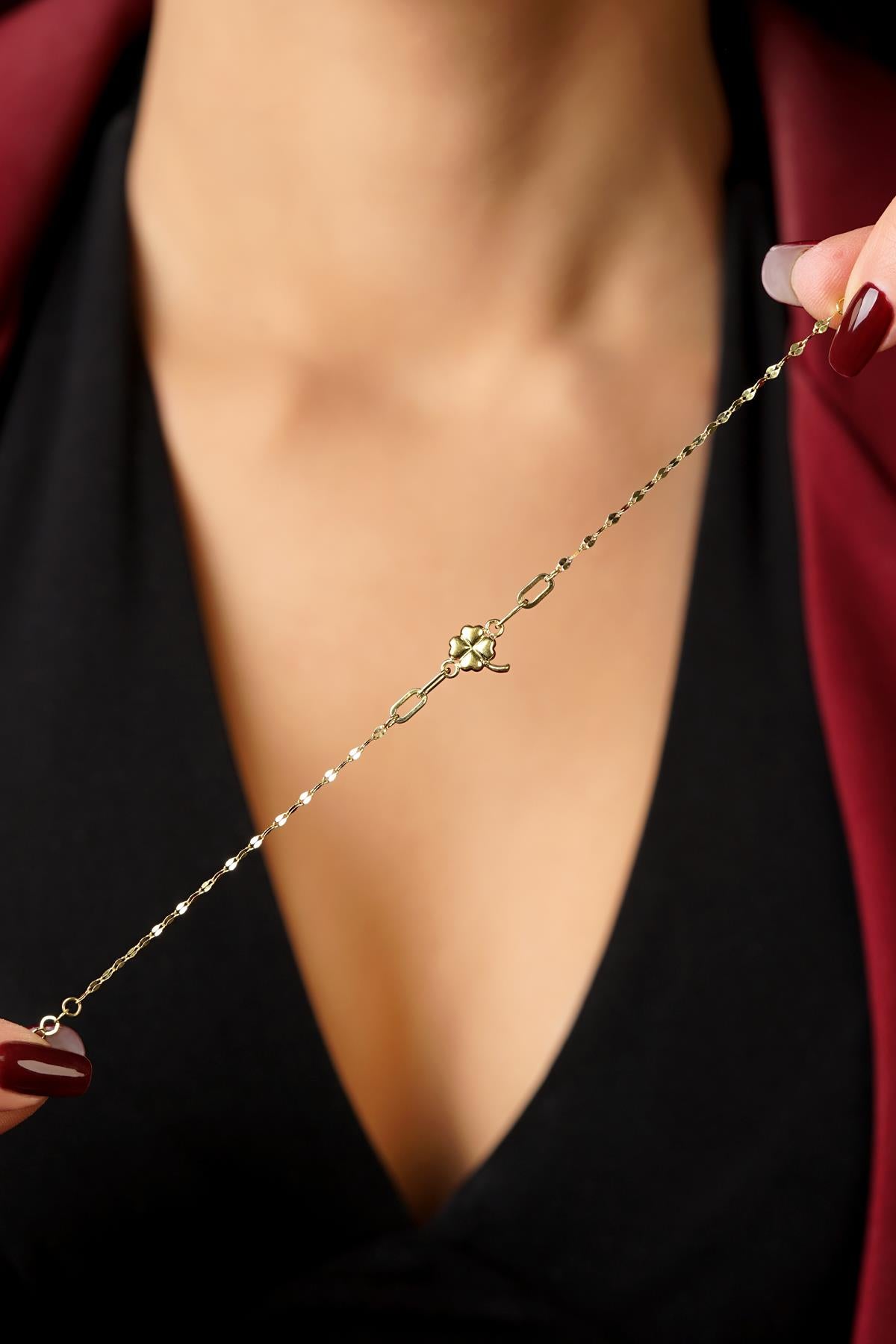 14K Gold Clover Charm Mirror Bracelet