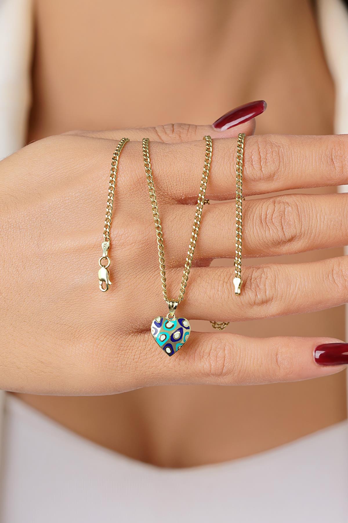 14K Solid Gold Colorful Charm Necklace, Curb Chain