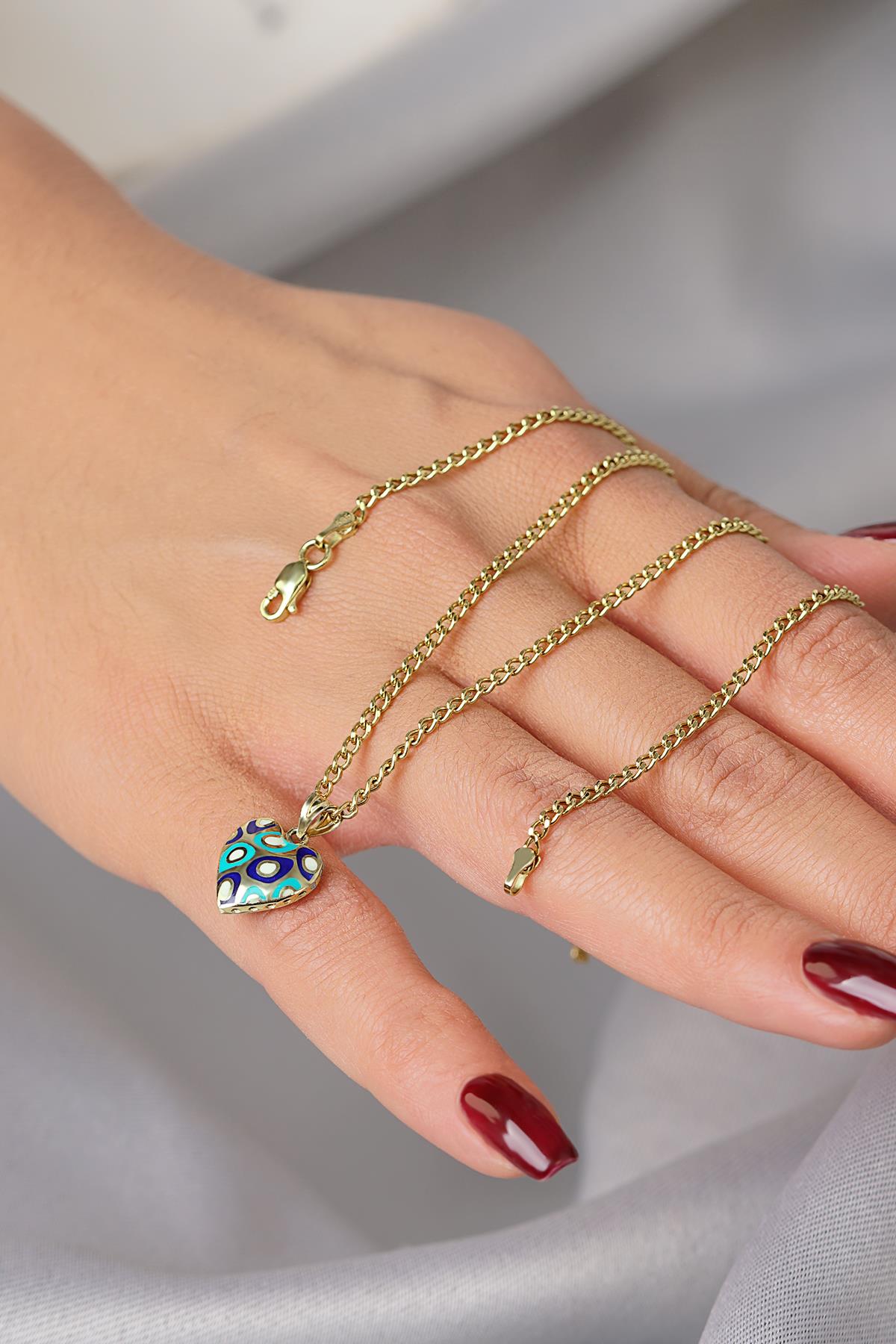 14K Solid Gold Colorful Charm Necklace, Curb Chain