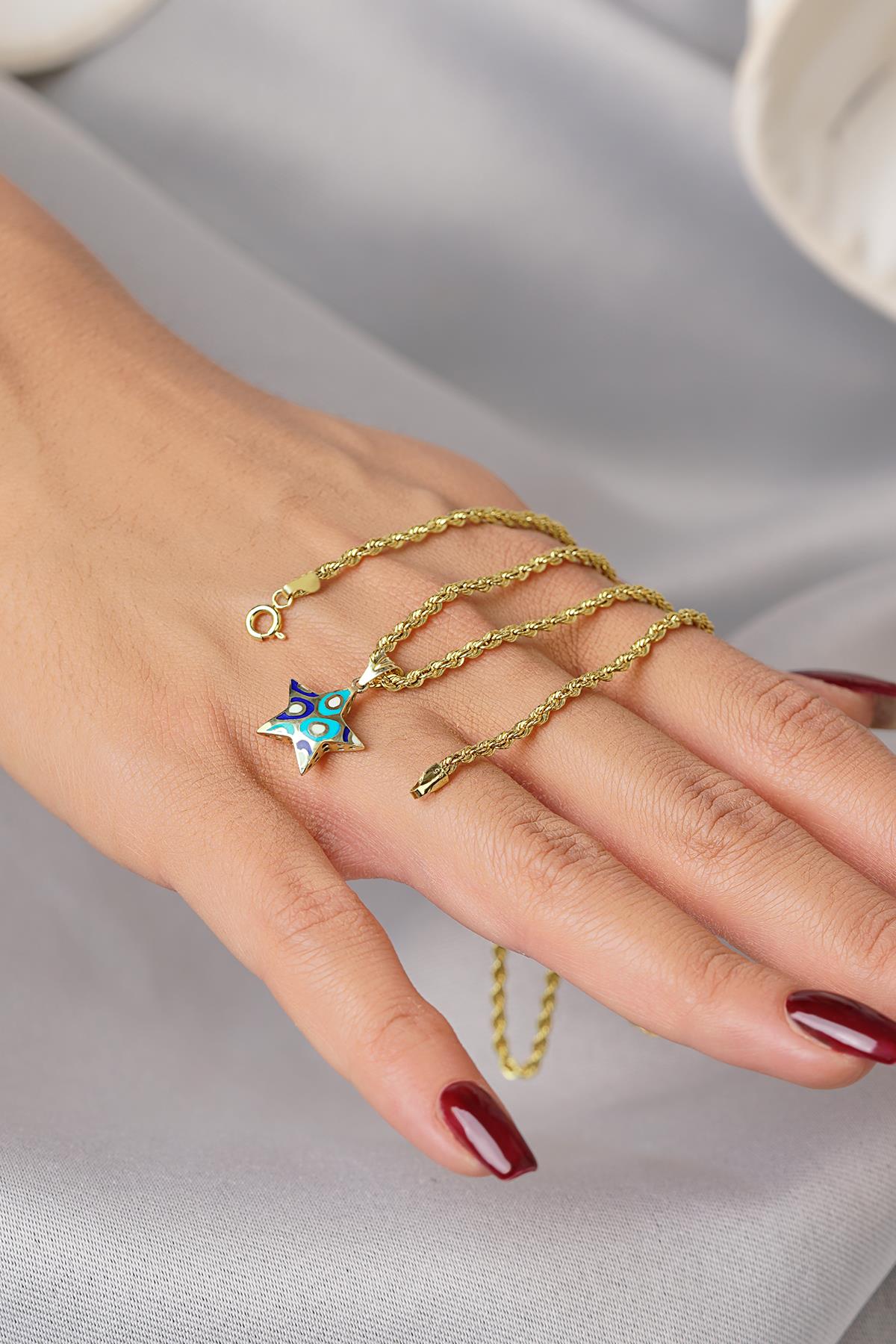 14K Gold Colorful Star Charm on Rope Chain