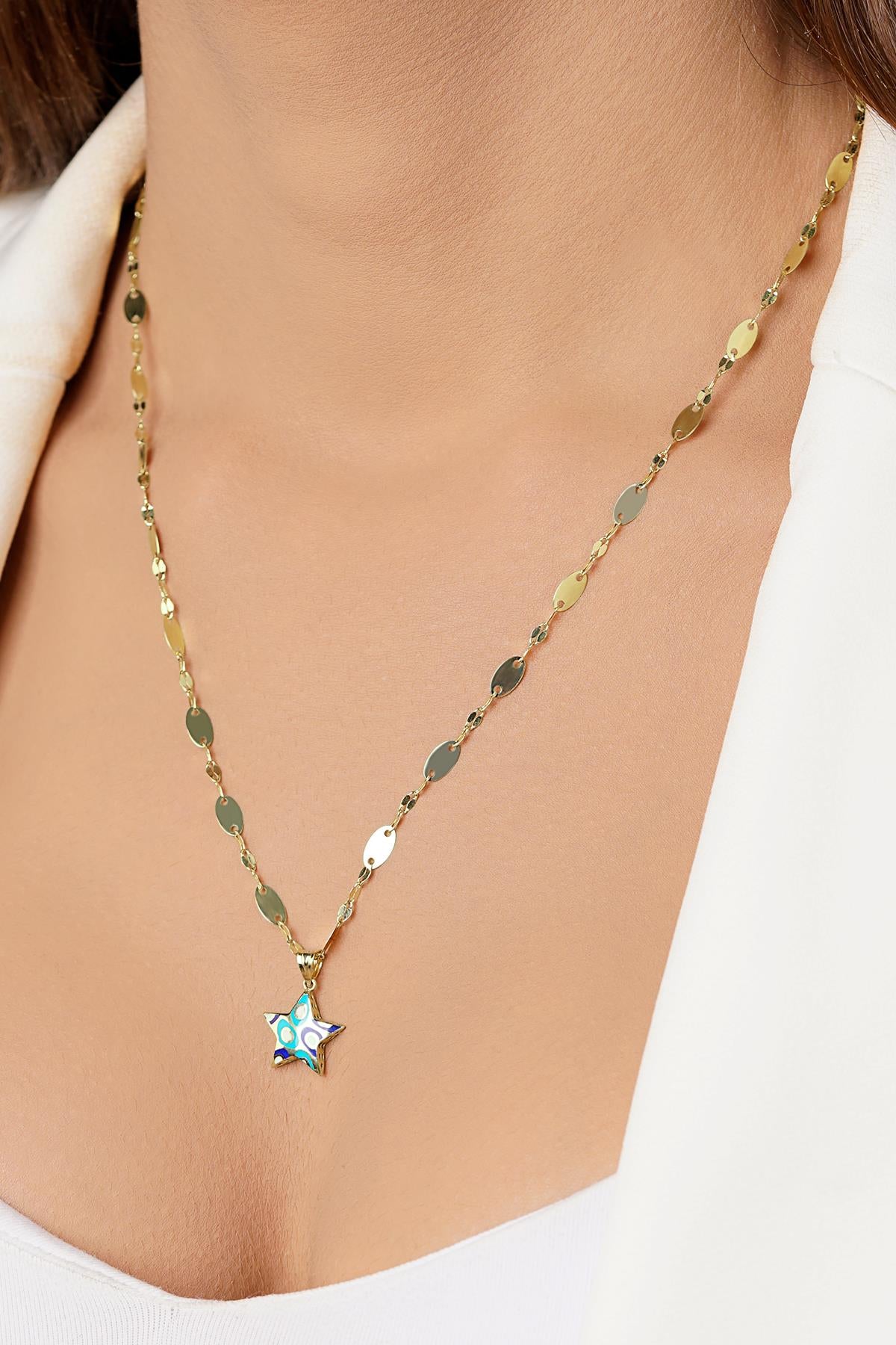 14K Gold Colorful Star on Bold Mirror Chain