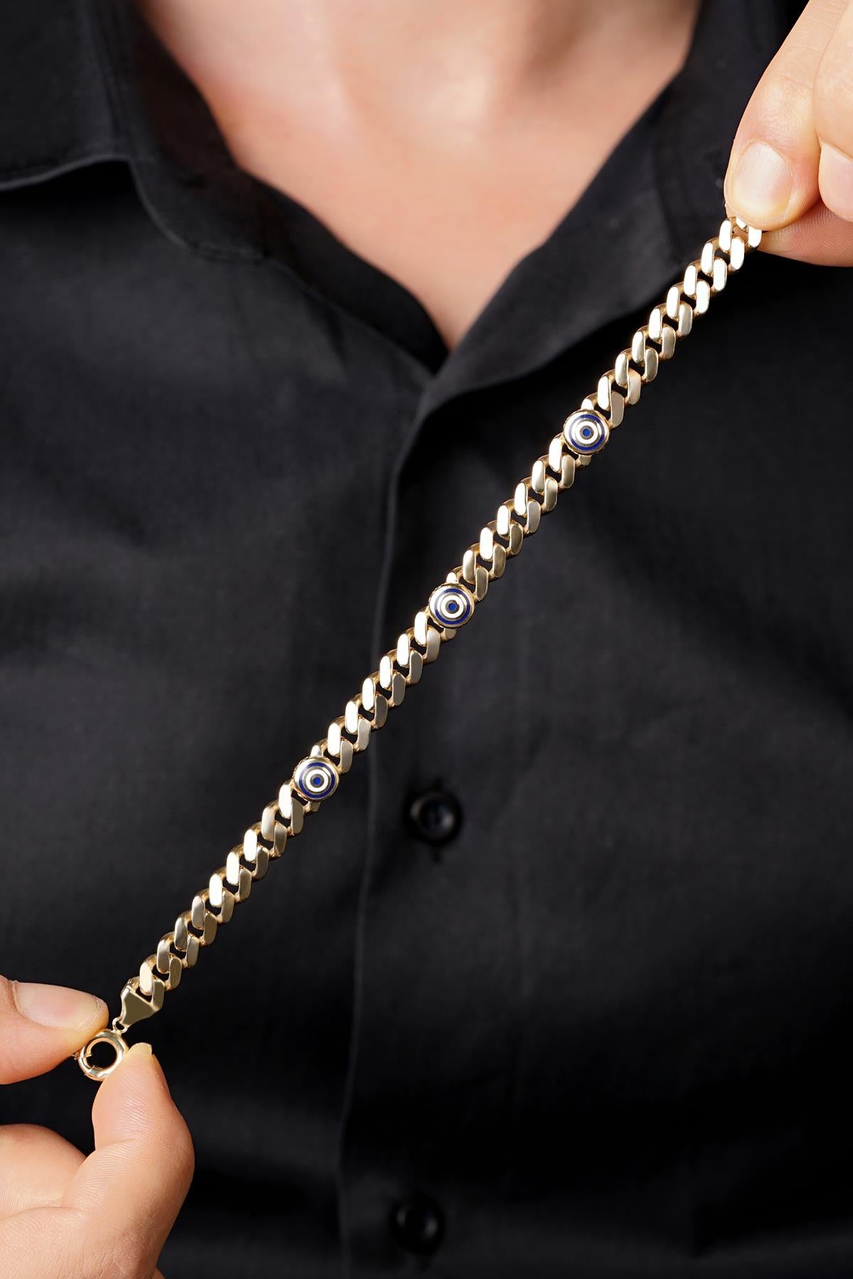 14K Gold Cuban Evil Eyes Bracelet