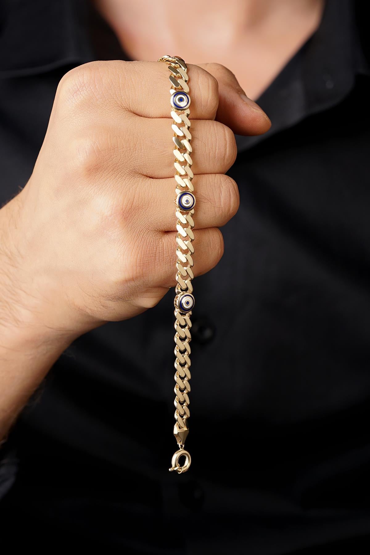 14K Gold Cuban Evil Eyes Bracelet