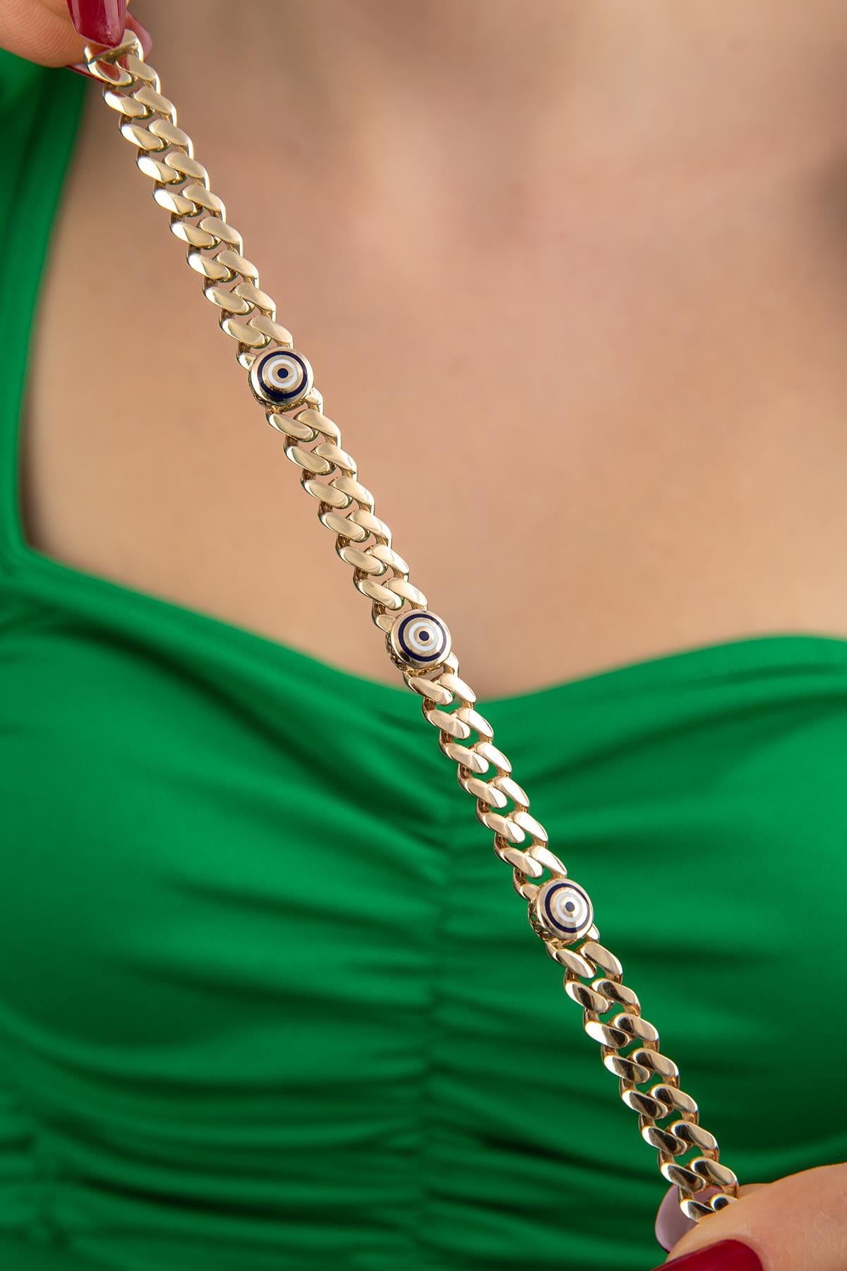 14K Gold Cuban Evil Eyes Bracelet