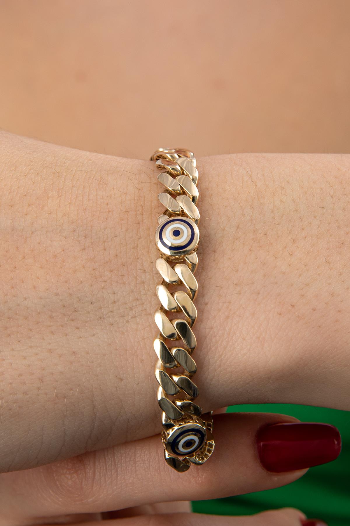 14K Gold Cuban Evil Eyes Bracelet