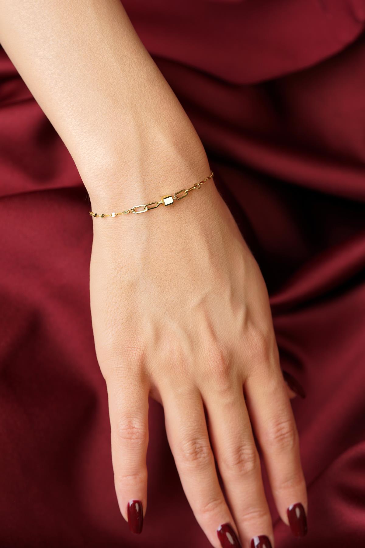 14K Gold Cube Charm Mirror Bracelet