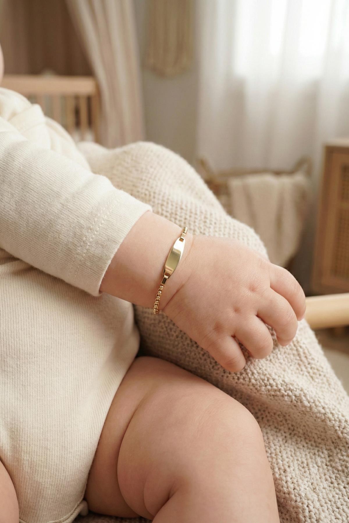 14K Gold D-Link Oval Plate Baby ID Bracelet