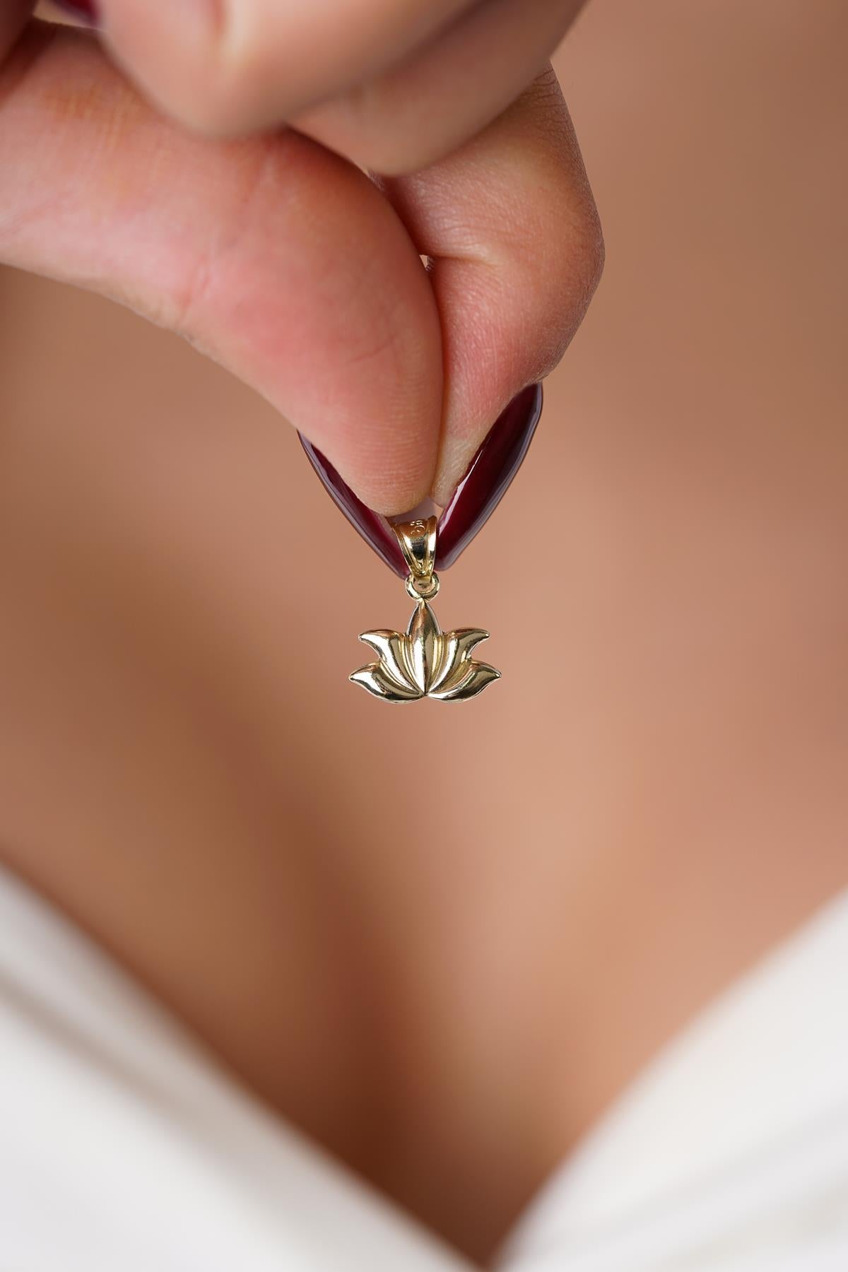 14K Solid Gold Dainty Minimalist Lotus Charm