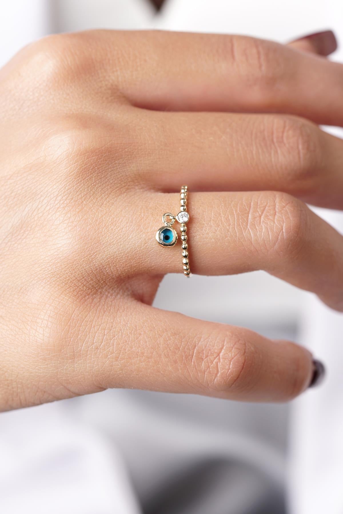 14K Gold Dangle Evil Eye Ring