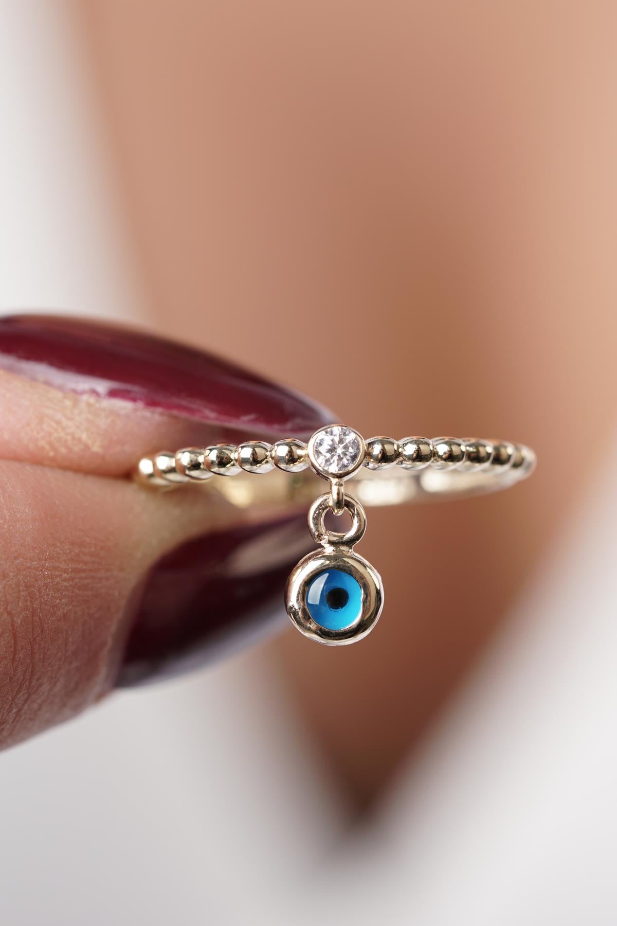 14K Gold Dangle Evil Eye Ring