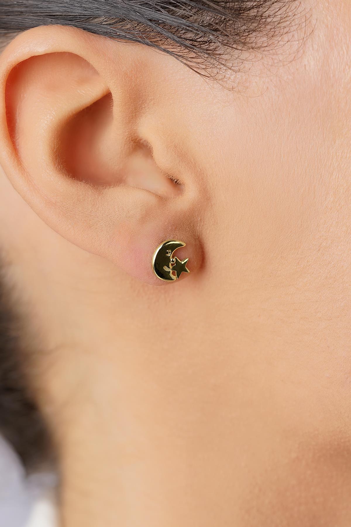 14K Gold Designer Star & Crescent Studs