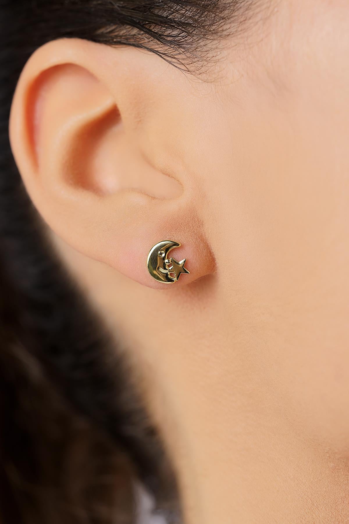 14K Gold Designer Star & Crescent Studs