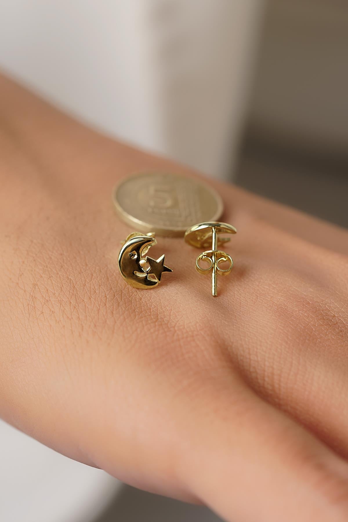 14K Gold Designer Star & Crescent Studs