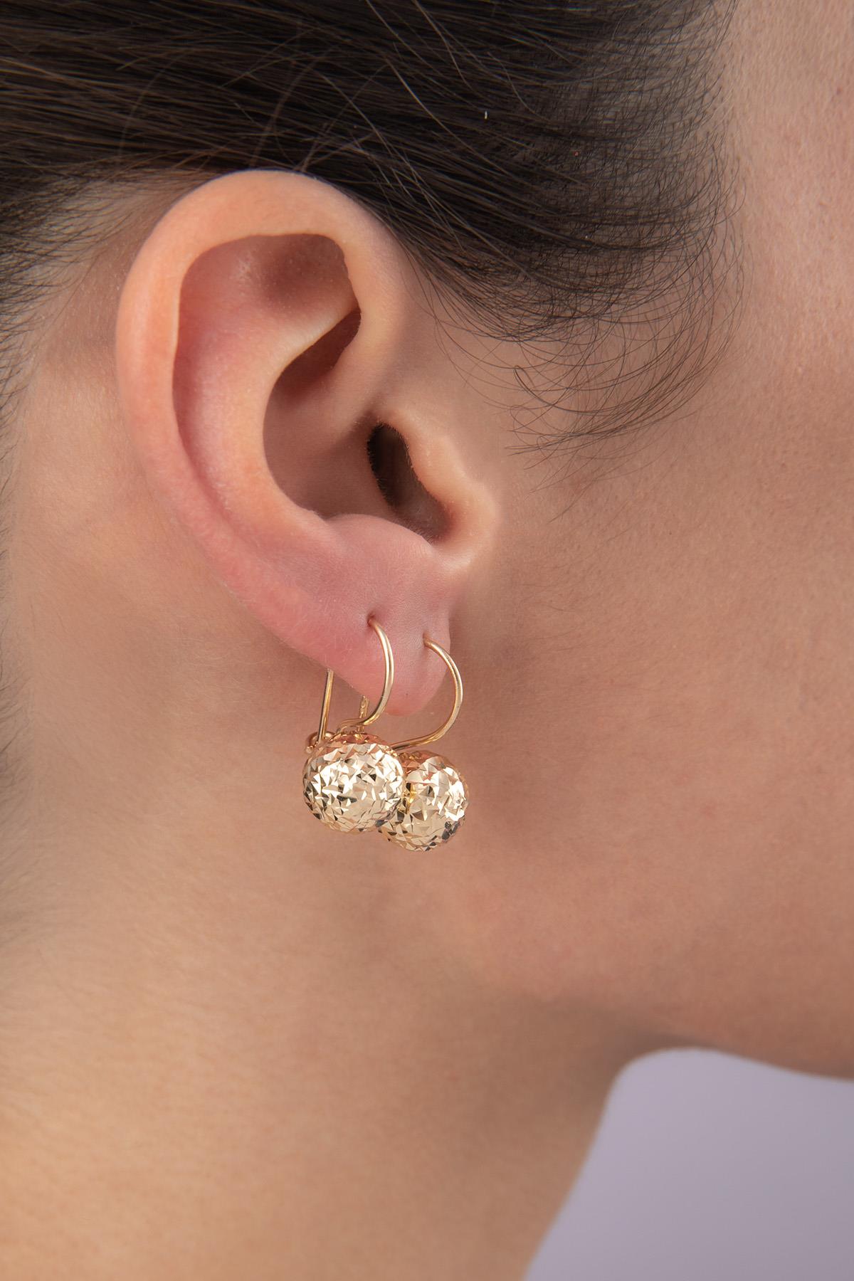14K Gold Diamond _ Cut Euroball Earrings ( Medium )