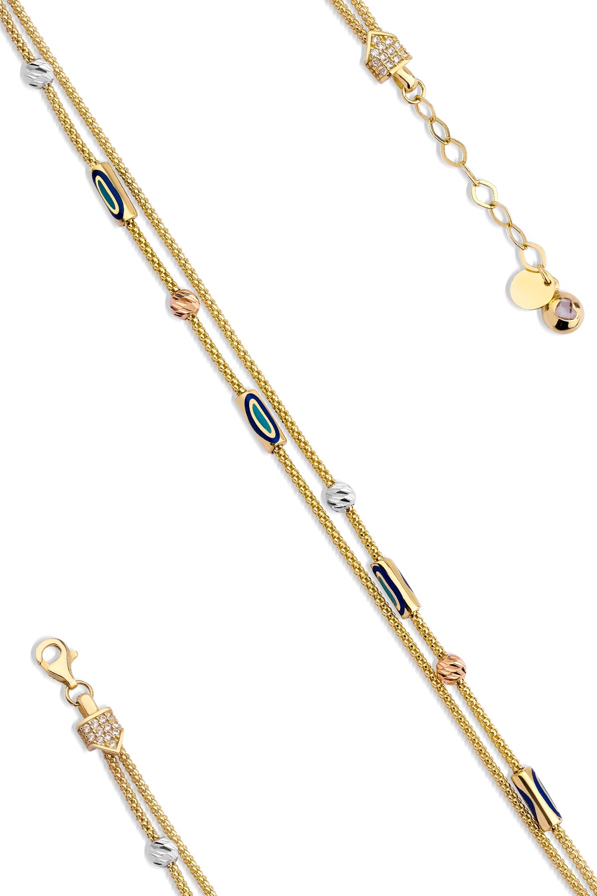 14K Gold Double Fox Tail Bracelet with Evil Eye Detail