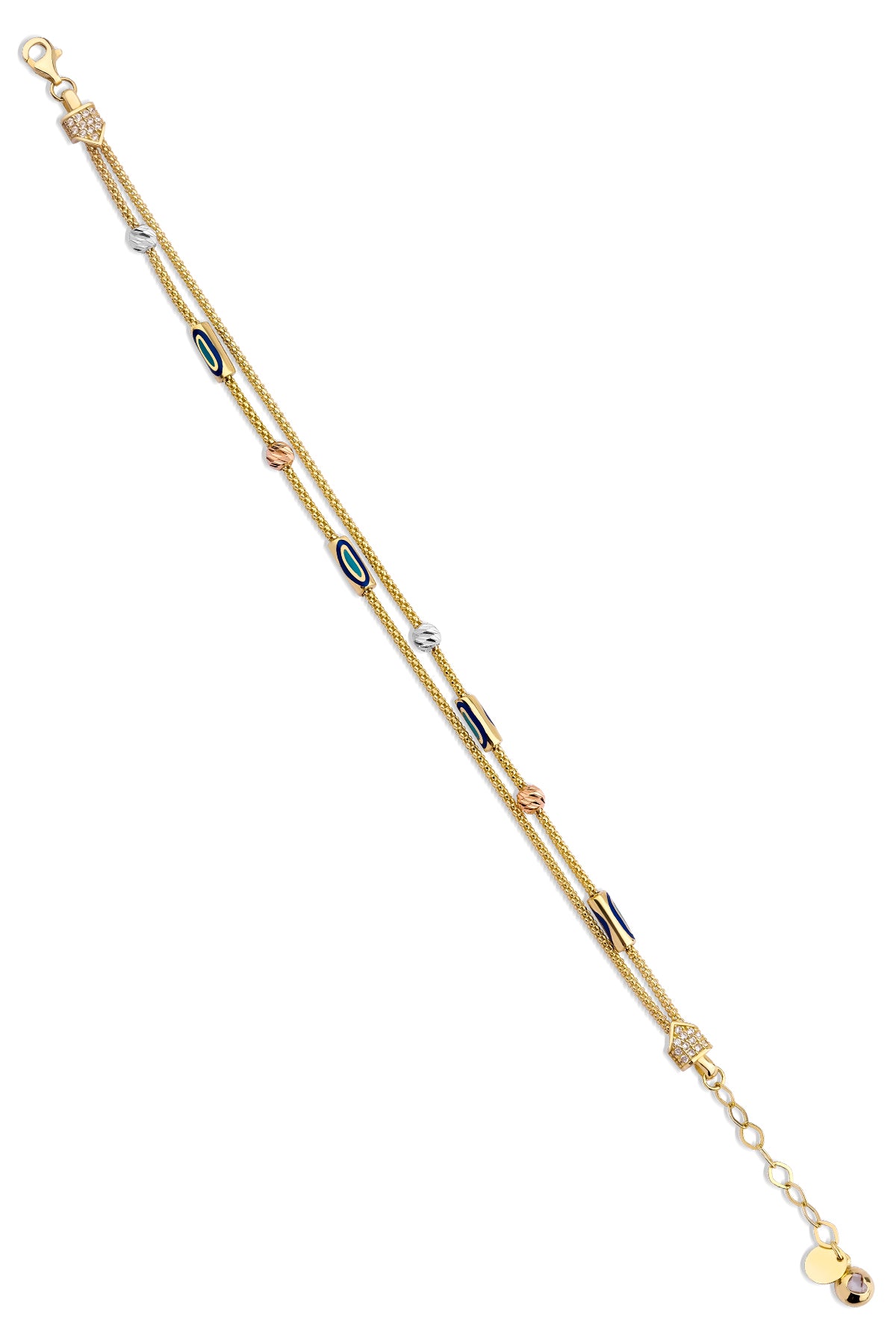 14K Gold Double Fox Tail Bracelet with Evil Eye Detail