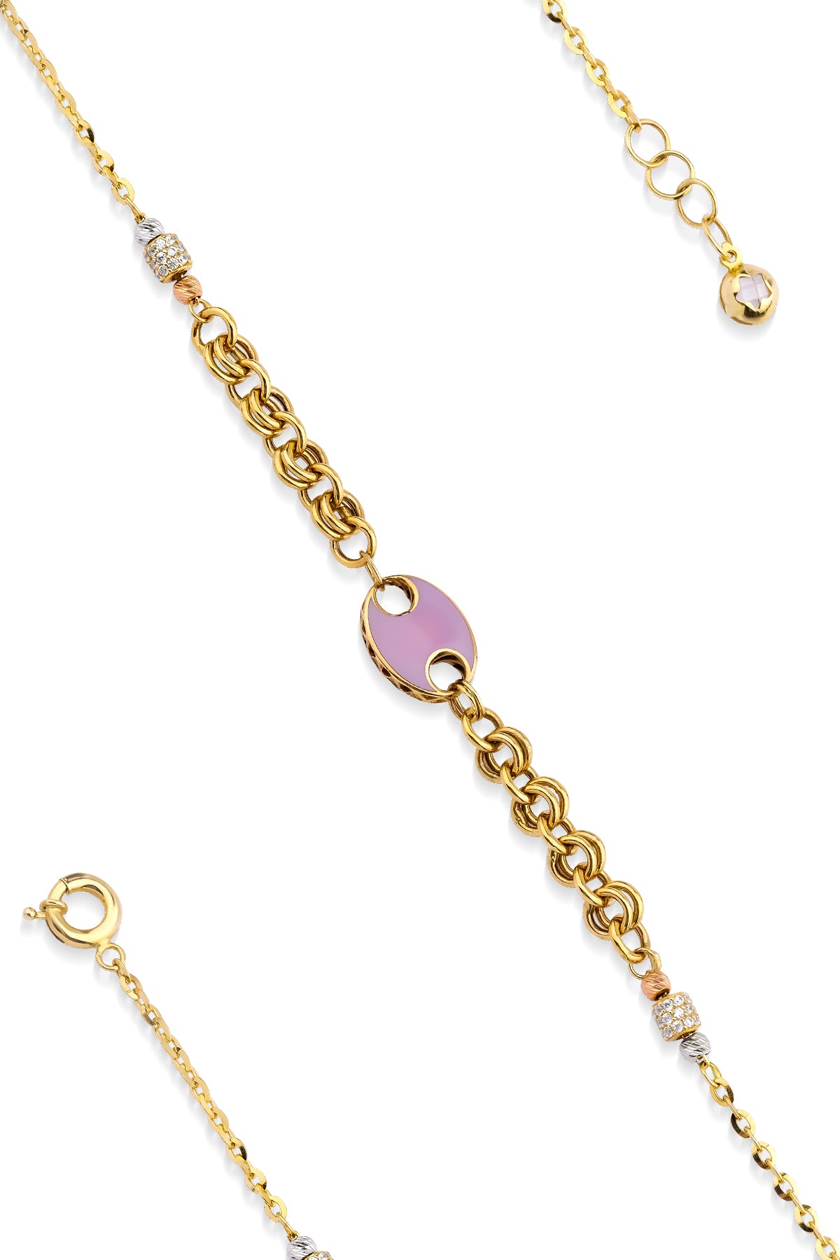 14K Gold Double Rolo Bracelet With Pink Object