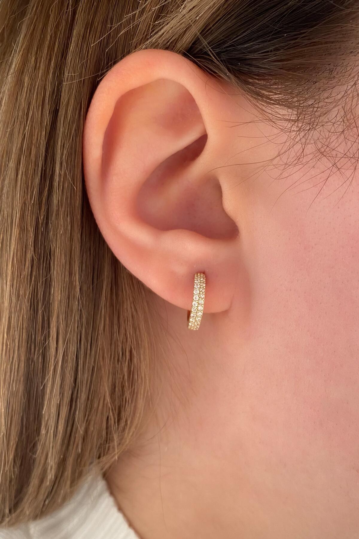 14K Gold Double Row Stone Huggie Hoop Earrings 3