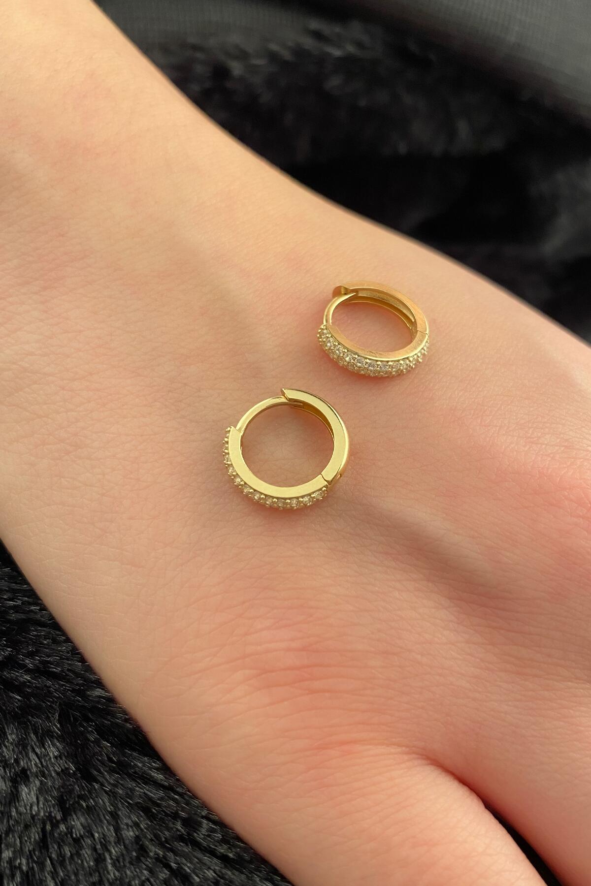 14K Gold Double Row Stone Huggie Hoop Earrings 3