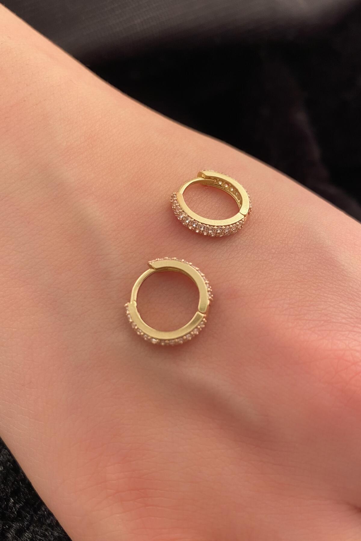 14K Gold Double Row Stone Huggie Hoop Earrings 4