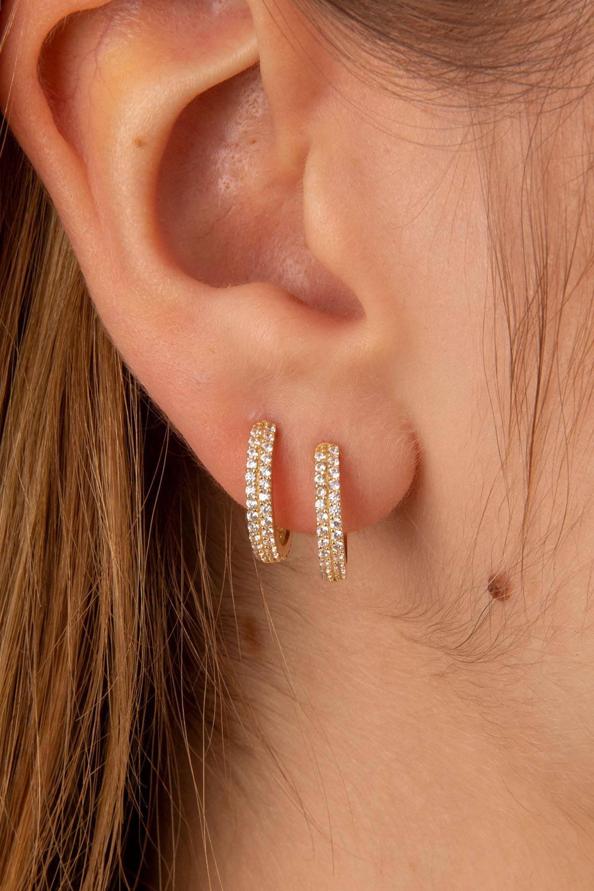 14K Gold Double Row Stone Huggie Hoop Earrings
