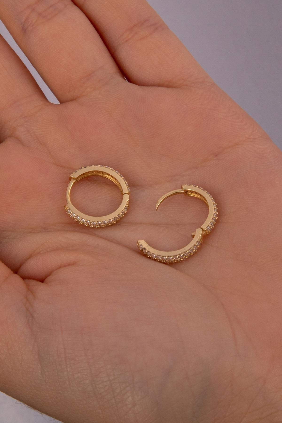 14K Gold Double Row Stone Huggie Hoop Earrings