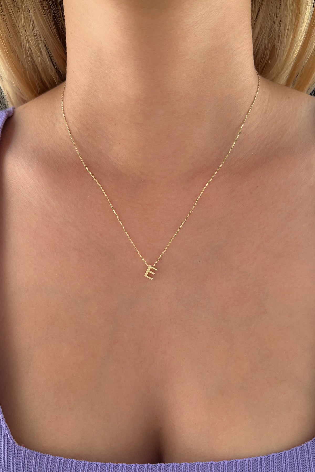 14K Gold E Initial Necklace