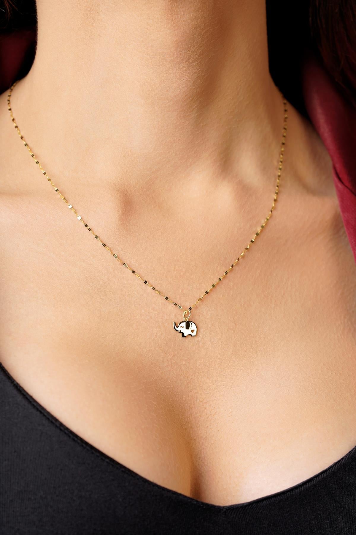 14K Gold Elephant Detailed Mirror Chain Necklace