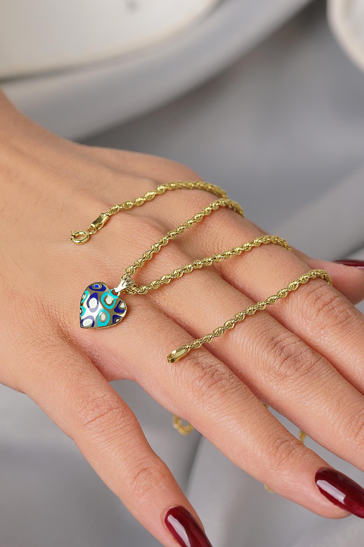 14K Gold Enamel Heart Charm on Rope Chain