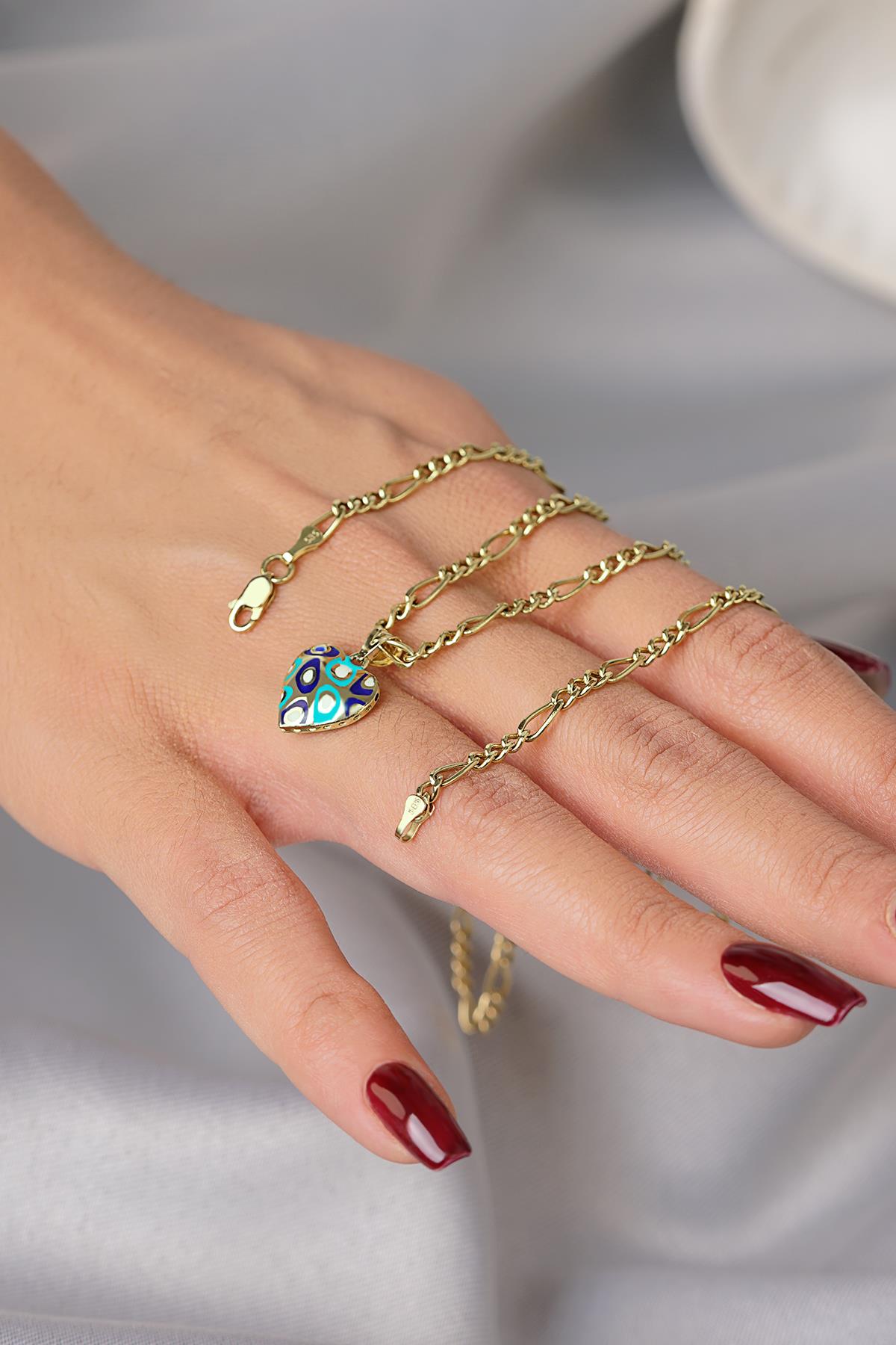 14K Gold Enamel Heart on Figaro Link Chain