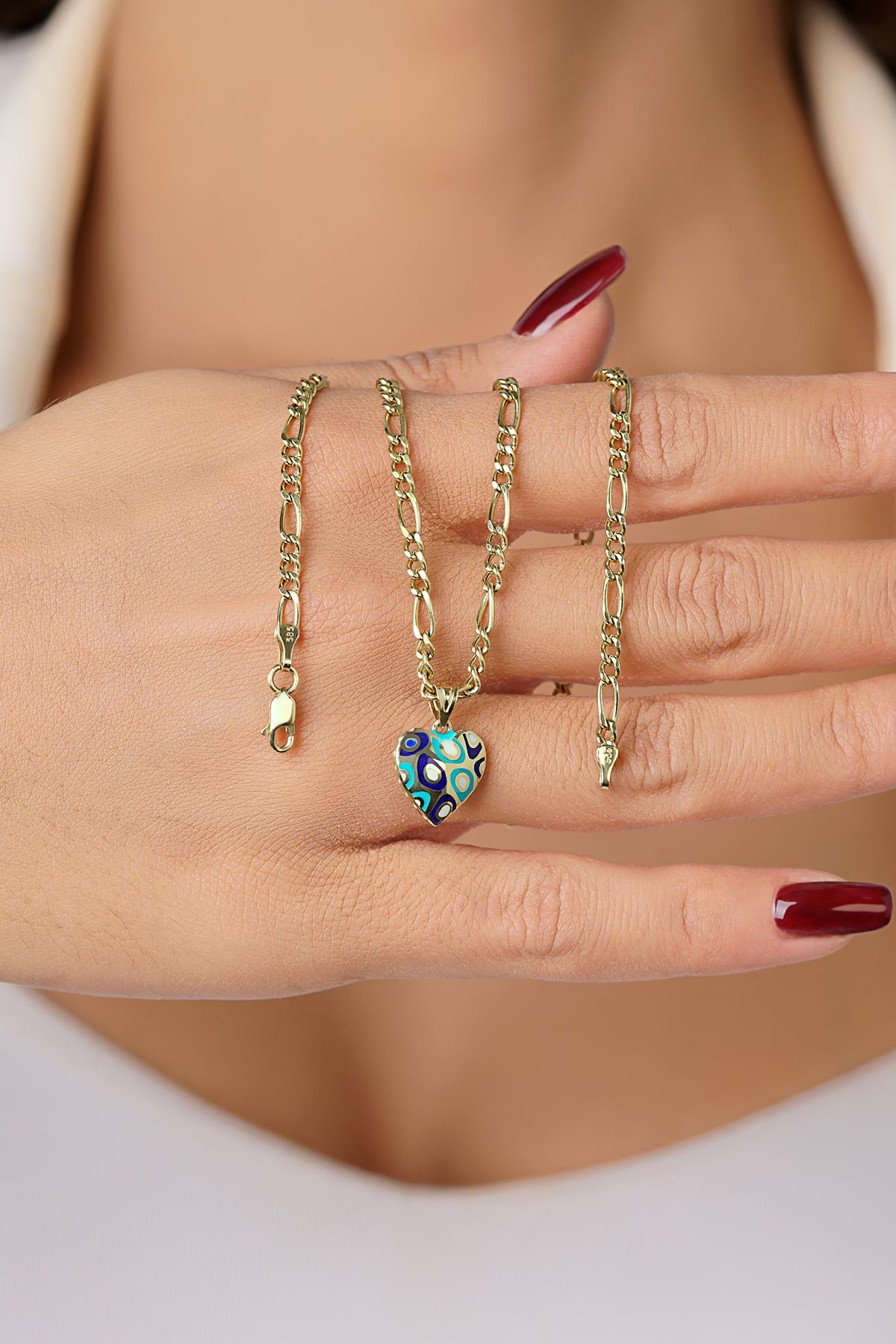 14K Gold Enamel Heart on Figaro Link Chain