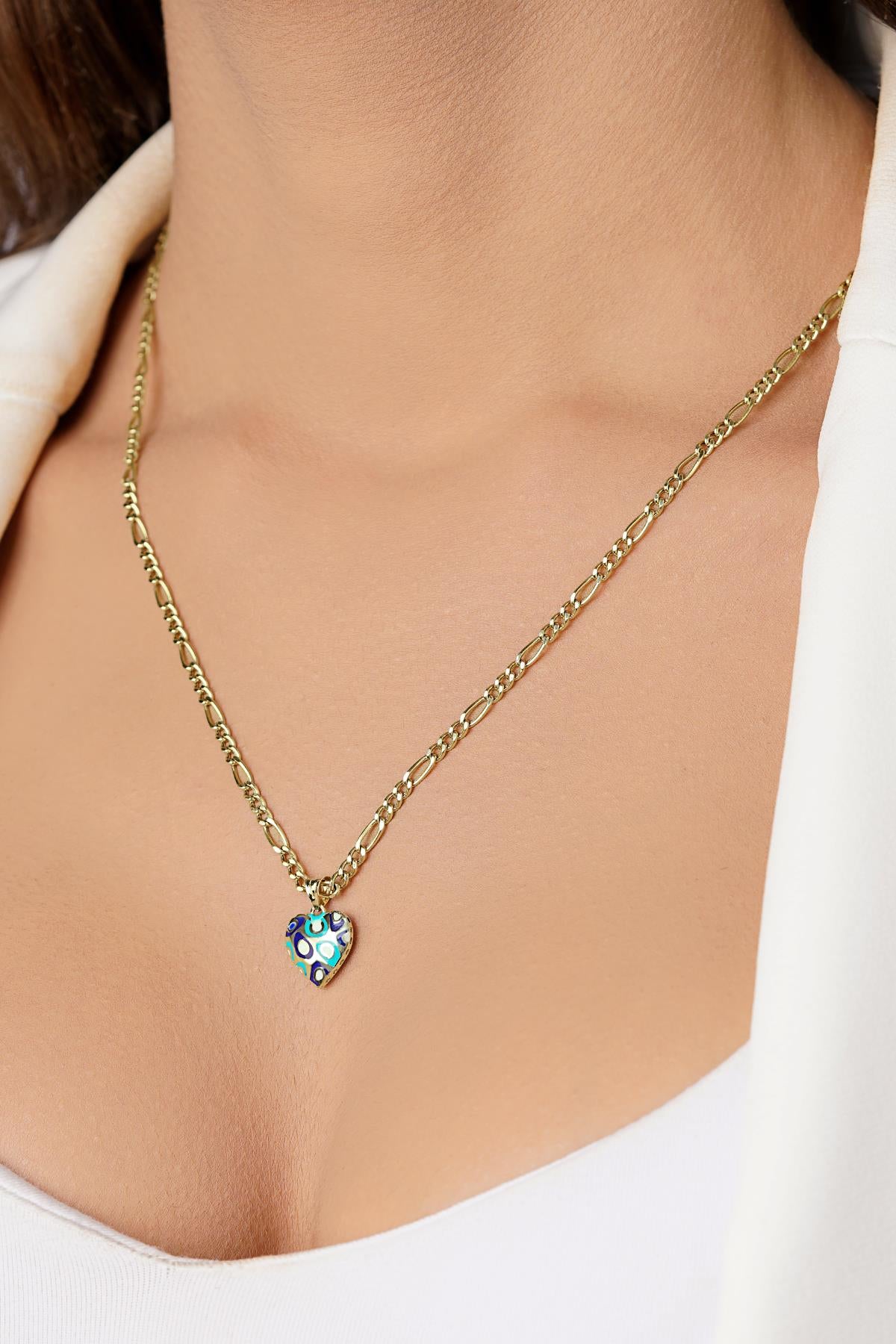 14K Gold Enamel Heart on Figaro Link Chain