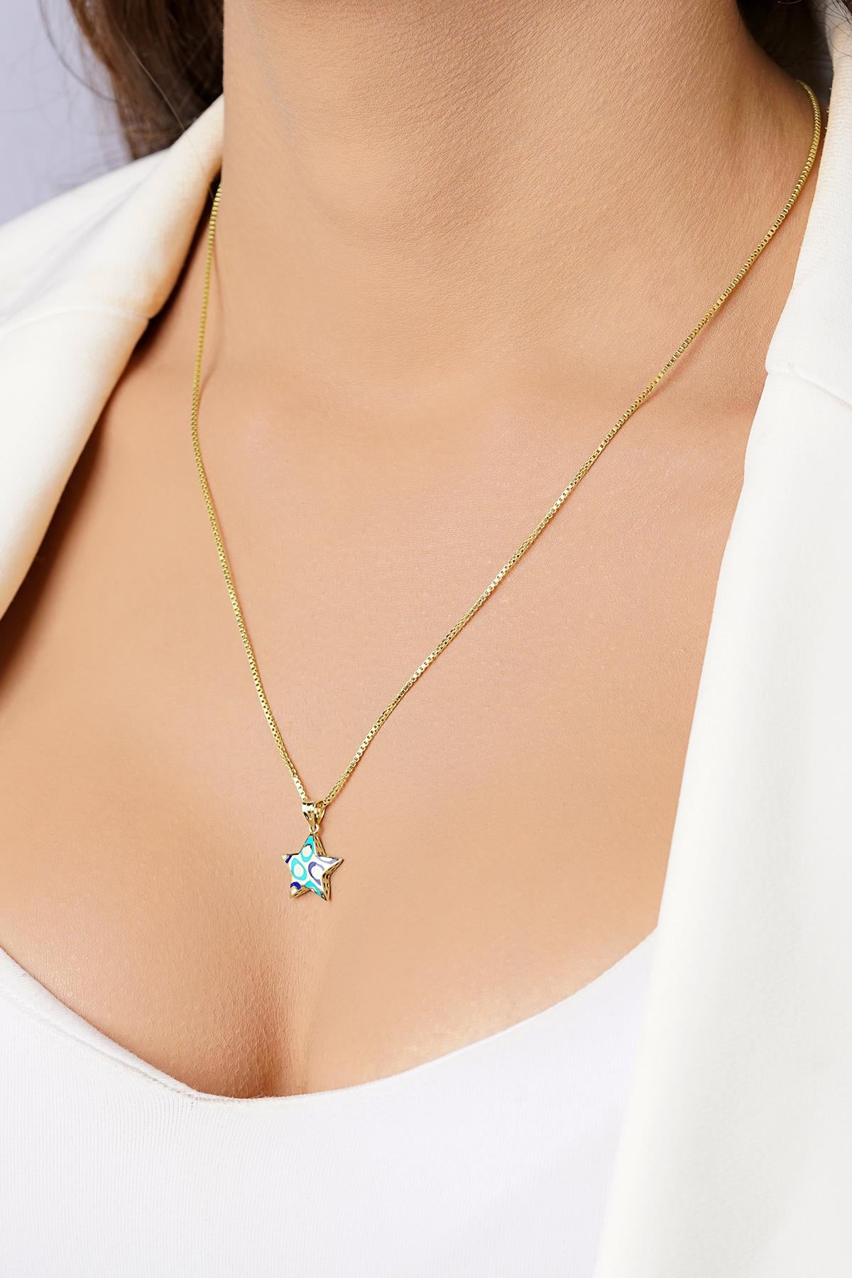 14K Gold Enamel Star Charm on Box Chain